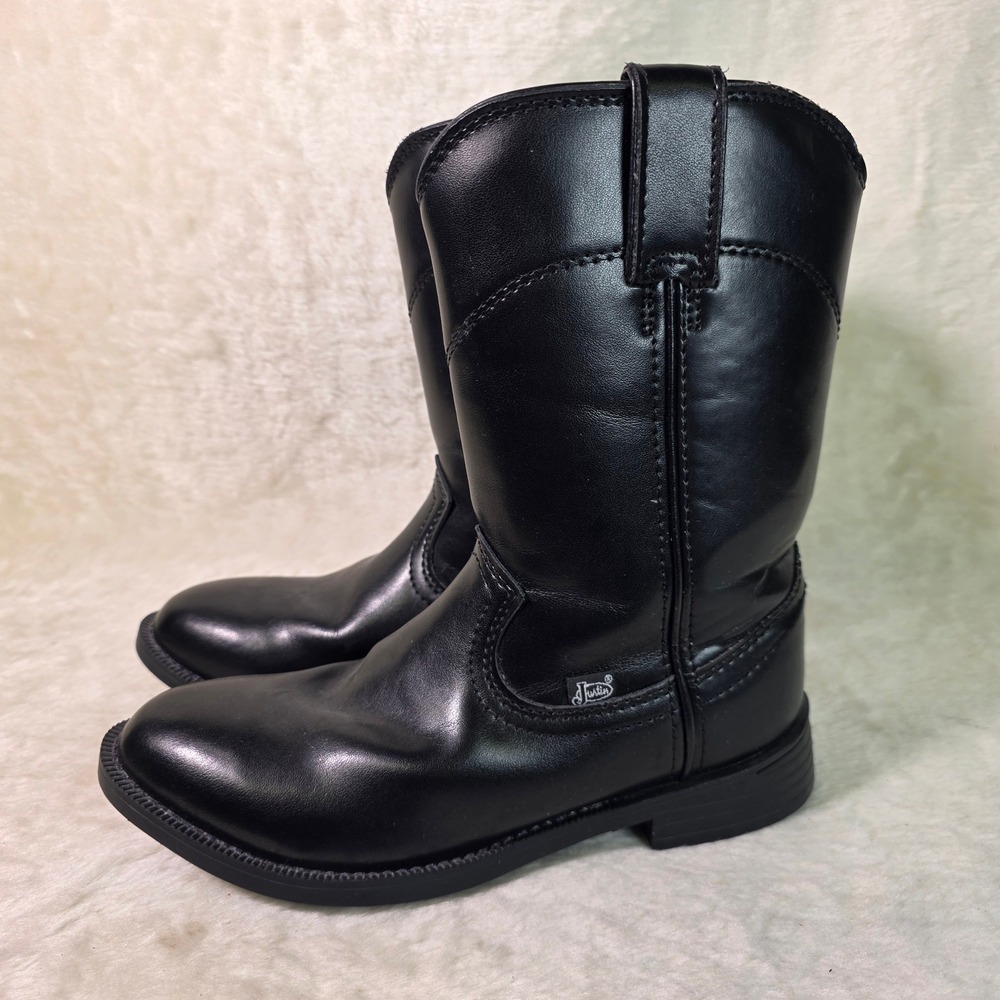 Justin Basic Ropers Western Cowboy Boots Black Leather Boy / Men 6.5D NEW